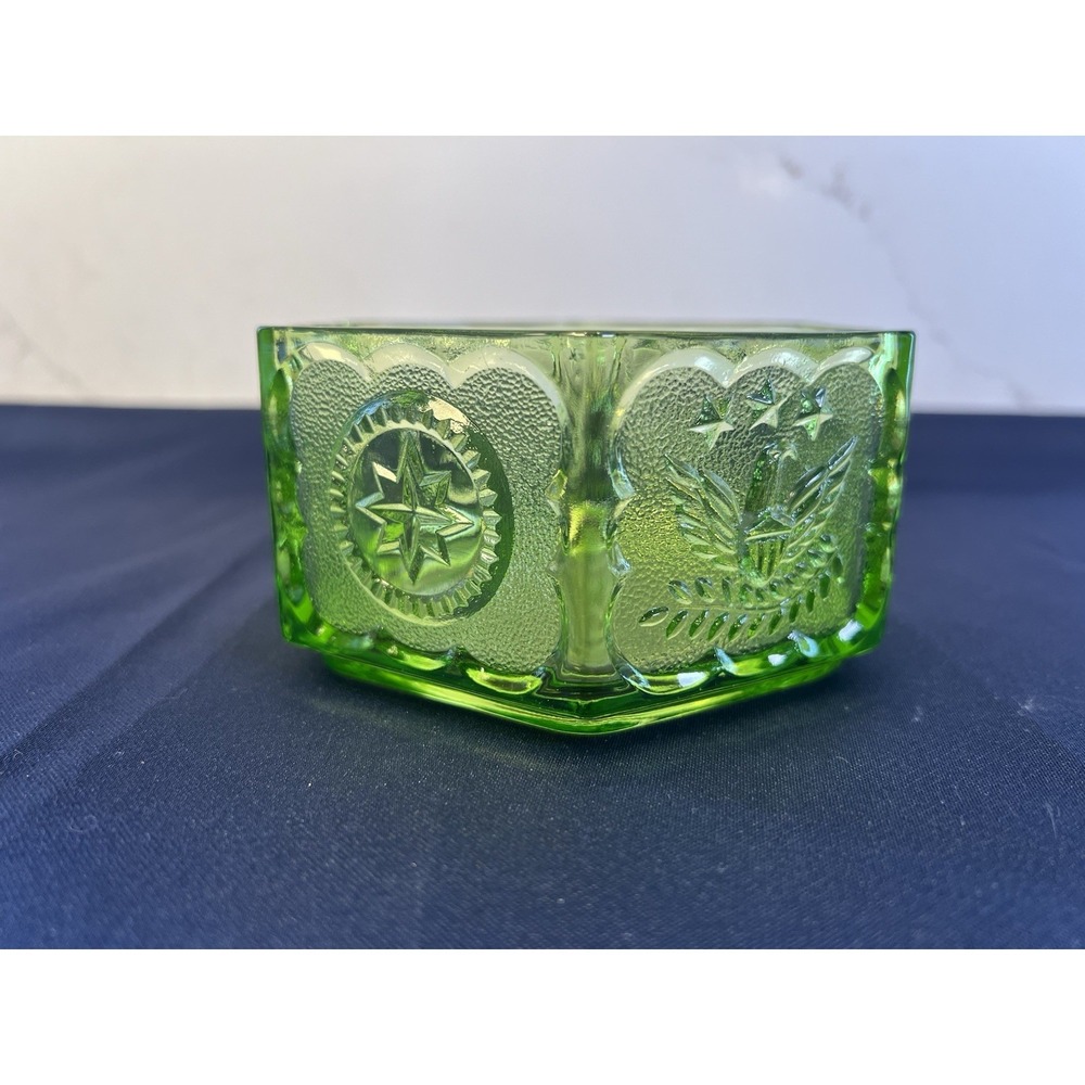 Vintage St. Vincent de Paul Green Pressed Glass Hexagon Patriotic Bowl